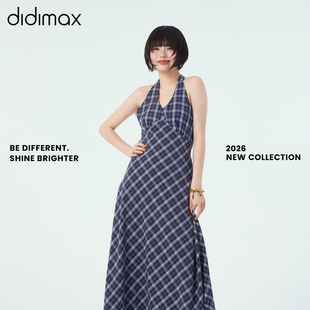 didimax夏季新款蓝色格子A字裙 挂脖领连衣裙无袖长裙日常X78266
