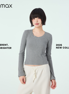 didimax春季新款U领基础灰色打底衫 竖坑条针织上衣 不束缚C27141