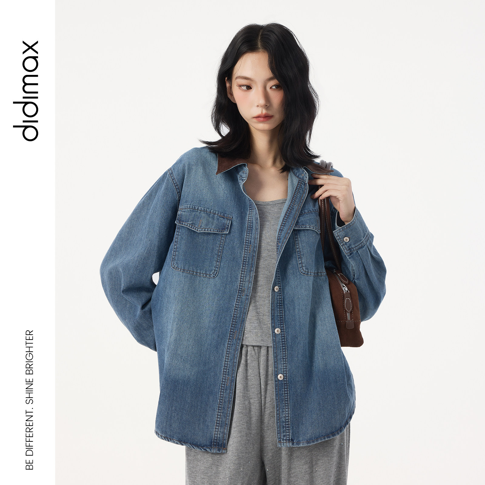 didimax秋季新款翻领宽松牛仔外套 撞色复古女开衫长袖衬衫Q10517图片