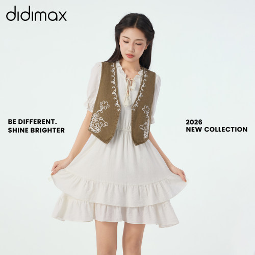 didimax夏季新款宽松连衣裙时尚套装刺绣马甲两件杏色系带X88138