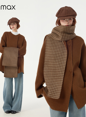 didimax冬季新款咖啡色中款呢子大衣女 格子拼接外套 围巾W36346