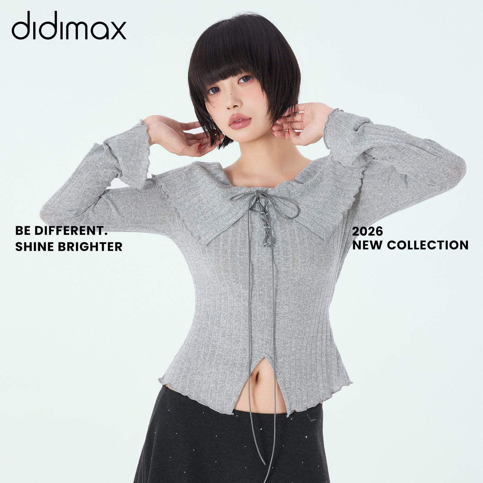 didimax春季新款灰色系带荷叶领口小衫 针织设计感女上衣C47051,女装/女士精品,毛针织衫,淘宝优惠券,粉丝福利购,淘宝优惠卷