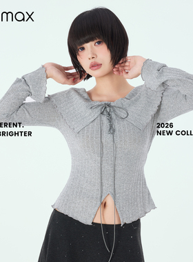 didimax春季新款灰色系带荷叶领口小衫 针织设计感女上衣C47051