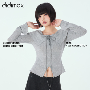 didimax春季新款灰色系带荷叶领口小衫 针织设计感女上衣C47051