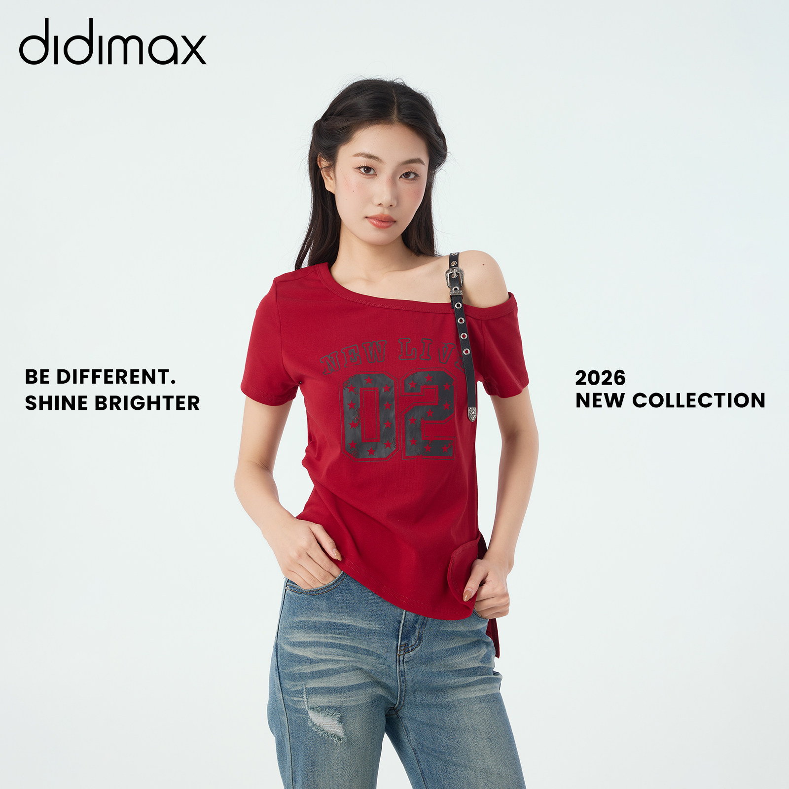 didimax夏季新款红色单肩T恤 短袖露肩修身街头风上衣女X48269