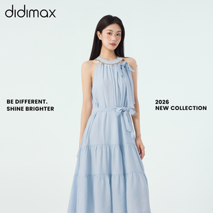 didimax夏季新款蓝色连衣裙A字裙无袖 蕾丝裙边 挂脖长裙X78106