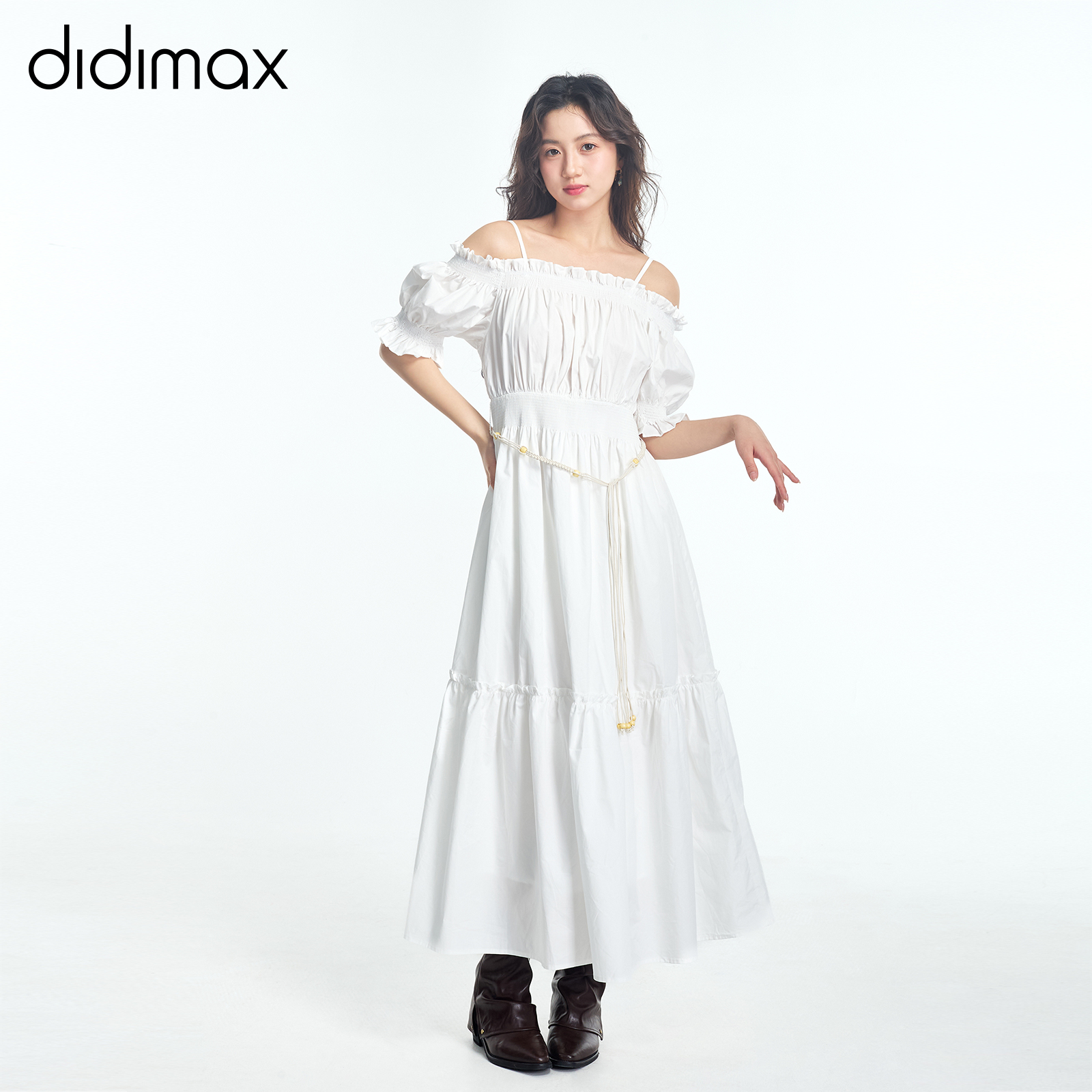 didimax夏季新款白色一字肩打揽连衣裙编织腰带女长裙子X73439