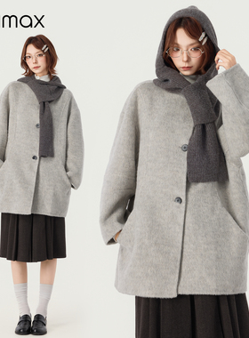 didimax冬季新款灰色软糯毛呢外套 中款双面呢大衣连帽围巾W35984