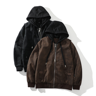 做旧水洗皮夹克连帽皮衣潮流 秋冬男士 复古机车风 可拆卸假两件