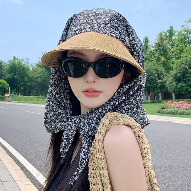 绑带丝巾草编帽子女防晒帽夏季防紫外线新款遮发护颈遮阳帽太阳帽