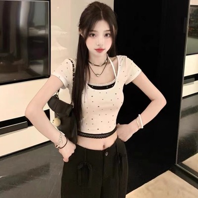 爵士舞上衣假两件短袖t恤夏季正肩紧身蕾丝蝴蝶结甜辣jazz衣服装