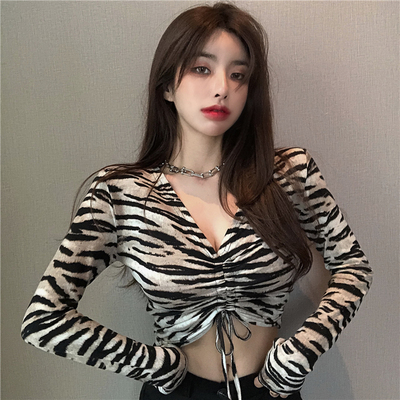 美式辣妹穿搭爵士风格舞蹈女装V领抽绳长袖短t恤甜辣jazz跳舞上衣