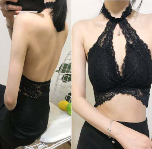 模特拍照露背装内衣甜美性感深V挂脖式蕾丝文胸搭配漏背衣服胸罩