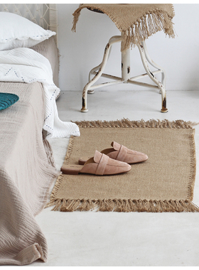 WOOKEN加厚黄麻桌垫防磨隔热桌旗地毯手工流苏须边名宿侘寂粗麻布