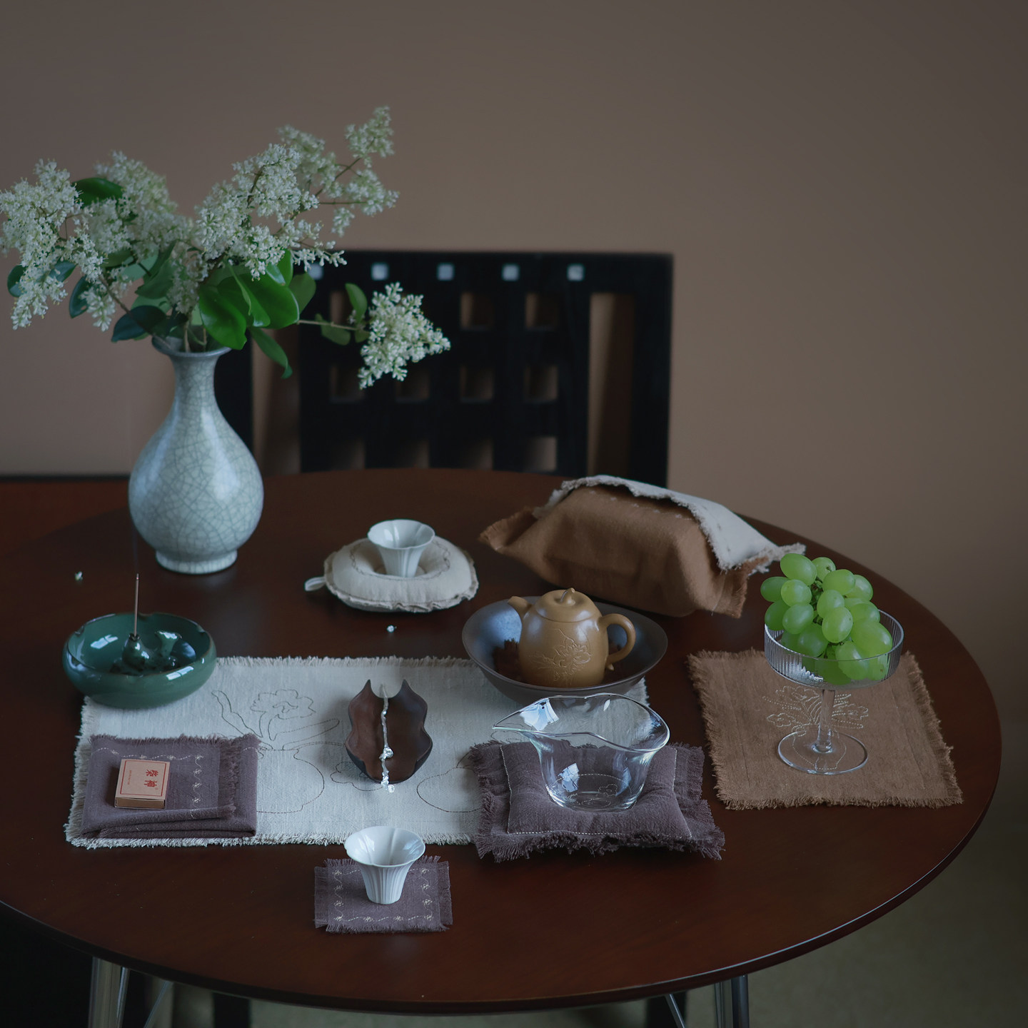 WOOKEN花涧序 8件套茶席礼盒双层苎麻棉茶垫壶承刺绣名字原创中式