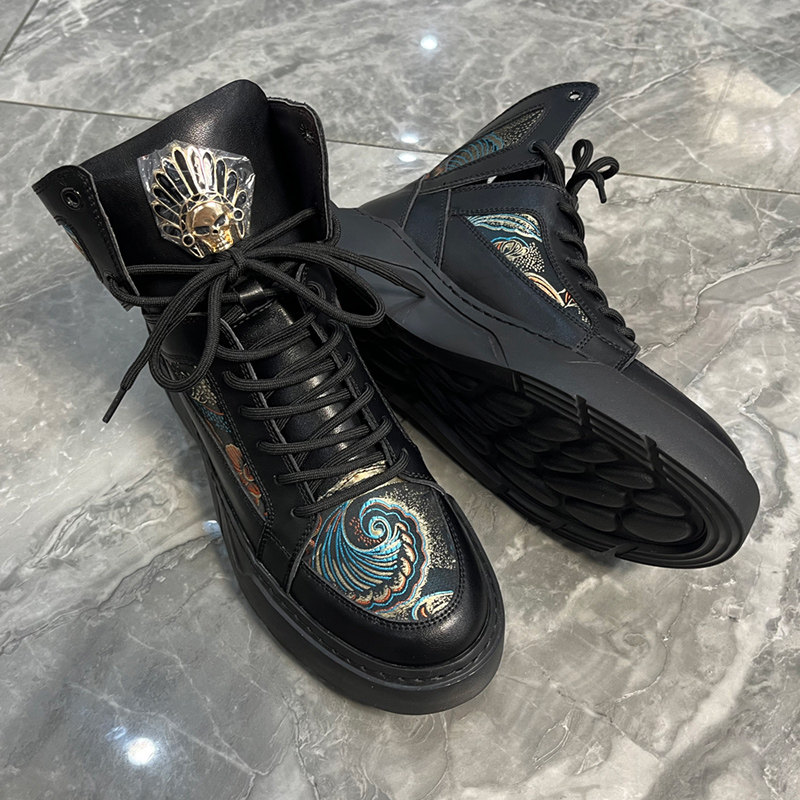 国潮高帮男鞋秋季黑色厚底时装休闲板鞋朋克青年街头韩板男款潮鞋,流行男鞋,高帮鞋,淘宝优惠券,粉丝福利购,淘宝优惠卷