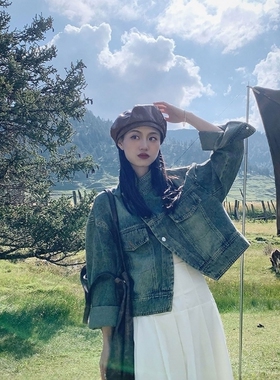 “肯尼亚”2024秋冬新BF男友风宽松立领做旧洗水牛仔衣外套女