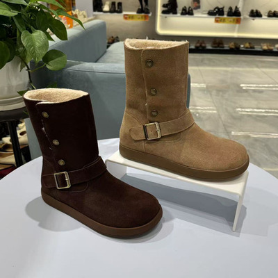 康莉平底圆头皮带扣毛里雪地靴