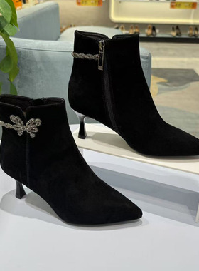 COMELY康莉2025冬款专柜正品尖头细高跟蝴蝶水钻时尚短靴KYQ58621