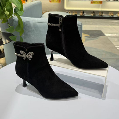 康莉尖头细高跟蝴蝶水钻时尚短靴