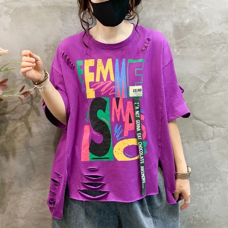 纯棉夏季短袖T恤女时尚破洞前短后长宽松大码圆领上衣胖mm显瘦潮T