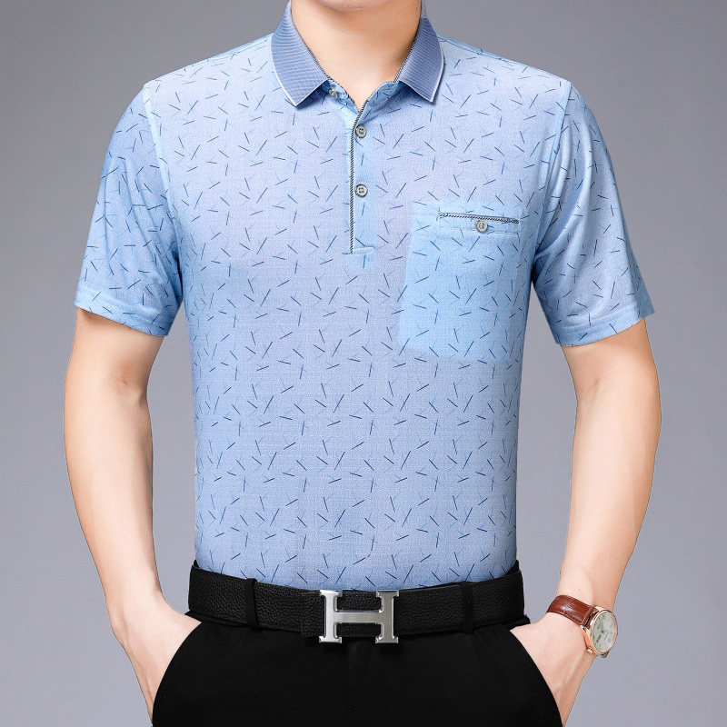 2021春夏新款中老年短袖T恤男士寬鬆半袖商務風冰絲透氣