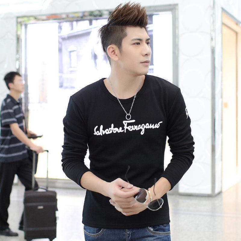 Spring 2019 New Long Sleeve Printed T-shirt Male 35 Cotton Chao Slim Round-collar Model Black