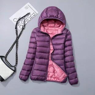 秋冬连帽羽绒服女轻薄短款白鸭绒外套大码双面两面穿薄款羽绒外套