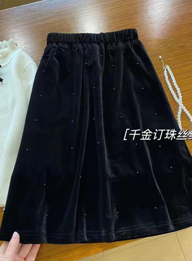 女童甜美钉珠丝绒长裙2025秋冬新款韩版儿童时尚复古A字裙中大童