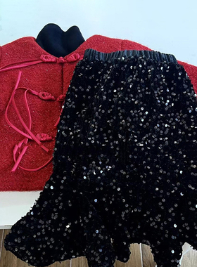 女童黑色亮片鱼尾裙秋冬新款儿童拜年服红色外套中大童针织毛衣潮