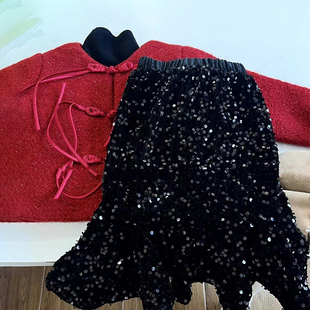 女童黑色亮片鱼尾裙秋冬新款 儿童拜年服红色外套中大童针织毛衣潮