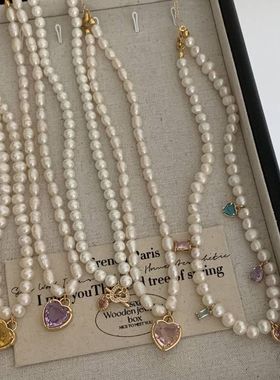 韩国复古珍珠项链巴洛克风格七彩锆石桃心吊坠淑女气质甜美珍珠链