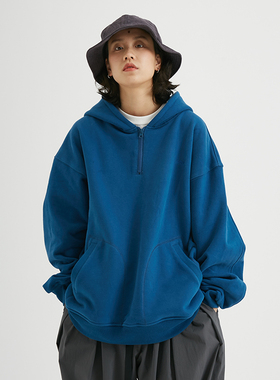 BUTTBILL 日系纯色连帽卫衣男女秋冬宽松半拉链套头百搭纯棉帽衫