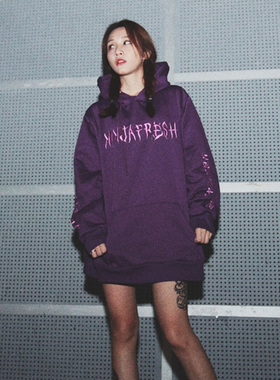 NFG国潮高街紫色加绒连帽卫衣男女bf风嘻哈情侣卫衣宽松带帽卫衣
