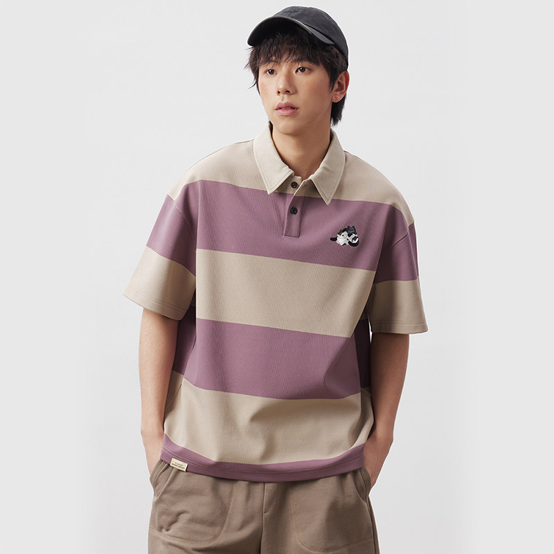 UHUZZ 25SS猫咪共和绣花条纹短袖POLO衫复古宽松休闲翻领T恤男女