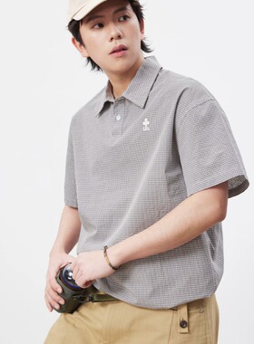 UHUZZ 26SSUH格子POLO短袖衬衣复古宽松休闲下摆可调节翻领上衣