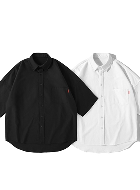 Pureピュア 黑白色短袖衬衫男日系复古牛津纺廓形休闲五分袖衬衣