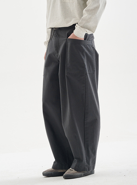 BUTTBILL 25SS复古口袋廓形直筒裤酵素水洗宽松纯棉抽绳休闲长裤