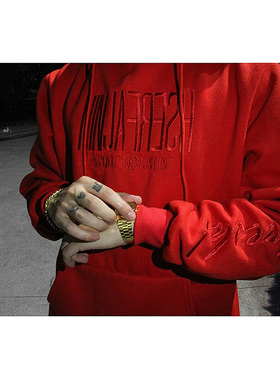 NFG人气红色刺绣连帽嘻哈男女卫衣情侣潮牌加绒美式宽松短款帽衫