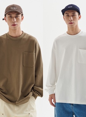 BUTTBILL 23AW重磅365G水洗针织圆领纯色长袖T恤口袋打底衫秋冬