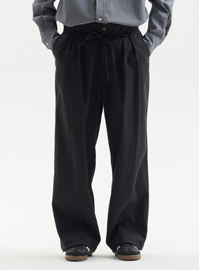 BUTTBILL 25AW复古20%索罗娜混纺棉麻双褶皱半连腰休闲长裤男情侣