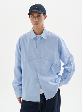 BUTTBILL 23AW日系复古宽松长袖衬衫男秋季廓形衬衣分割纯色外套