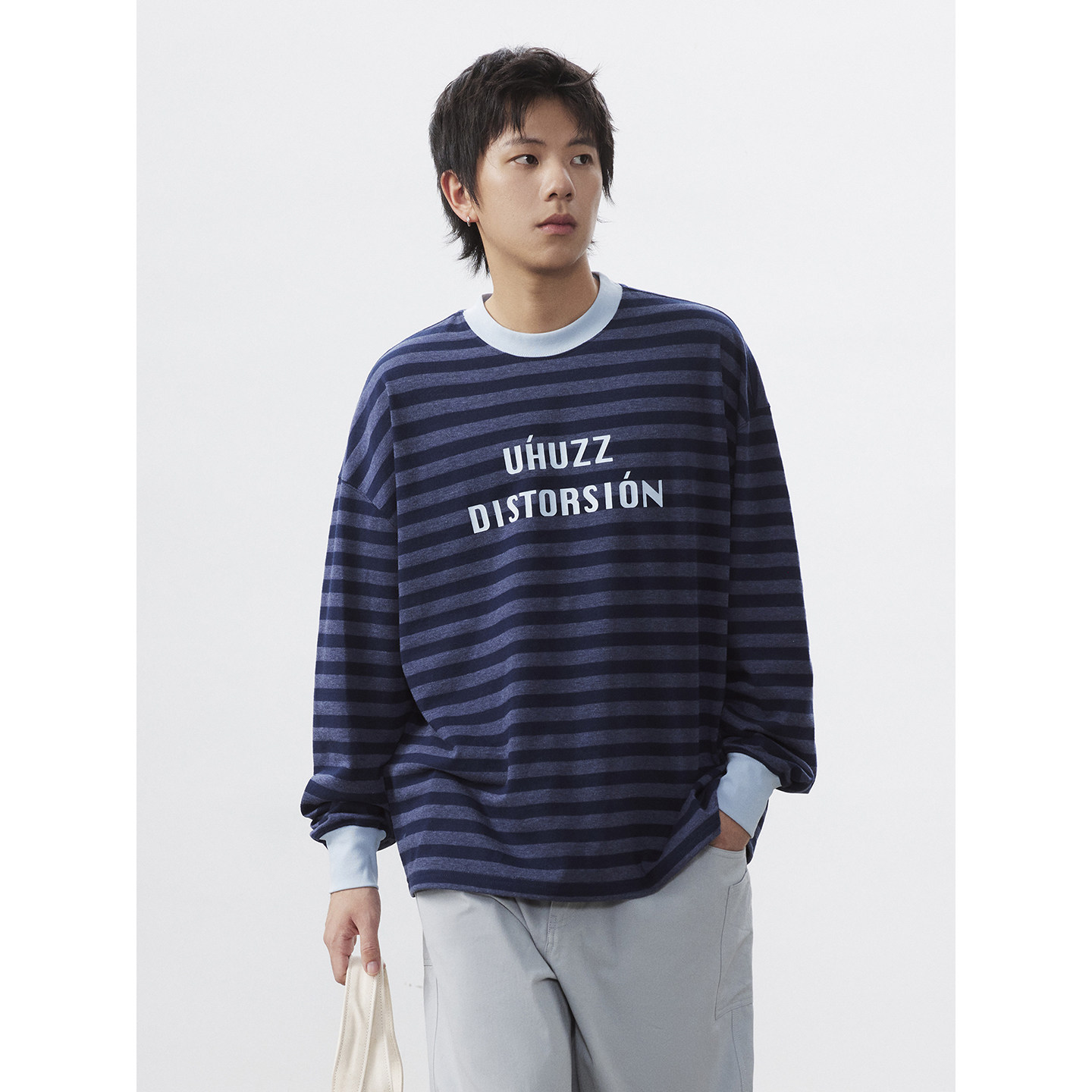 UHUZZ 25AW字母印花拼色条纹长袖情侣日系复古宽松休闲圆领T恤男