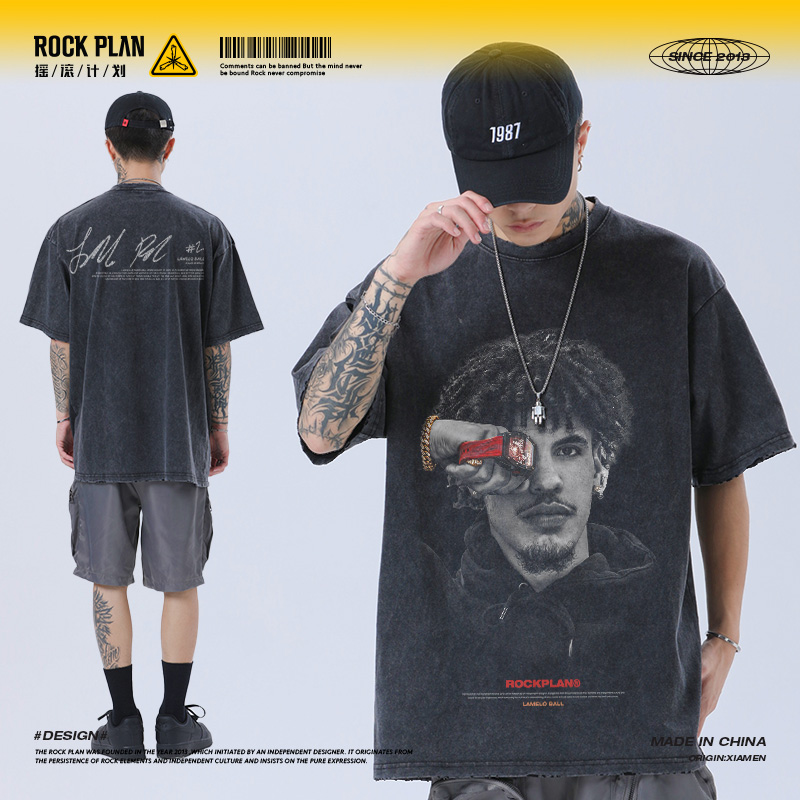 摇滚计划复古短袖鲍尔印花篮球衣