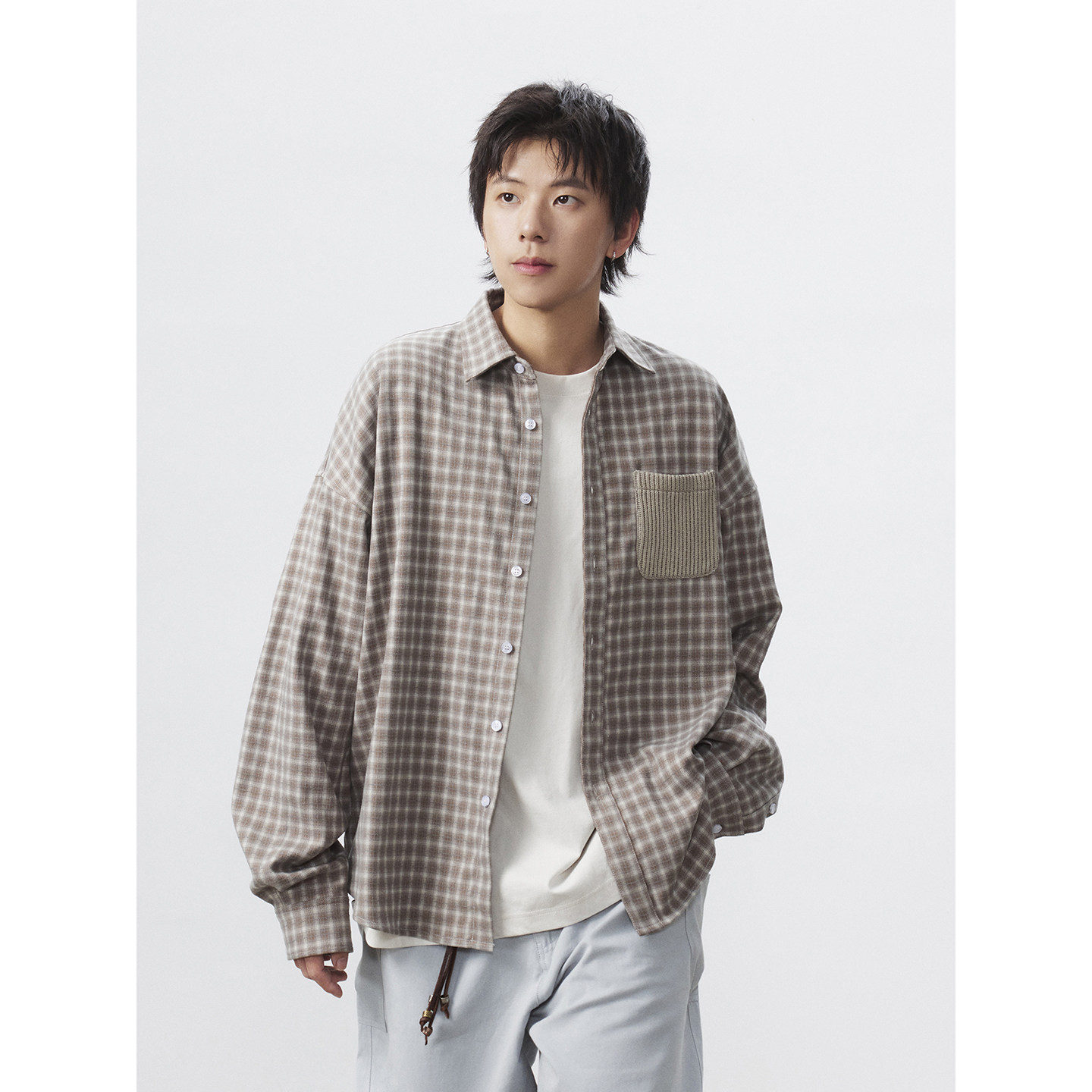 UHUZZ 25AW鸽子公园日系格子衬衫口袋长袖衬衣复古宽松休闲外套男