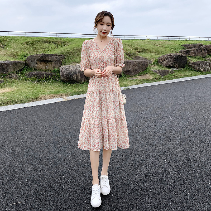 小个子粉色仙女雪纺碎花连衣裙女夏季2025新款显瘦气质v领a字裙子