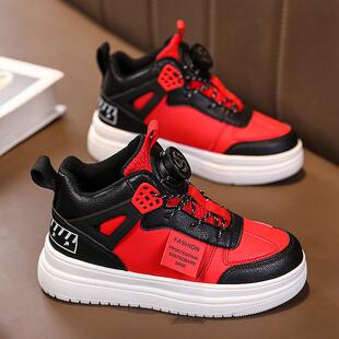 男童鞋子春款2025新款儿童红色运动鞋中大童旋转纽扣男孩高帮板鞋