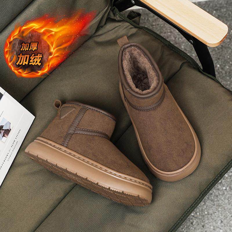 桑坡棉鞋男冬季加绒保暖翻毛皮雪地靴情侣短筒防寒皮毛一体面包鞋