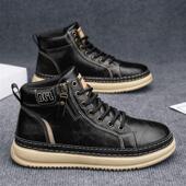 鞋 高帮男鞋 马丁靴 2025新款 运动休闲工装 冬季 厚底防滑黑色皮面板鞋