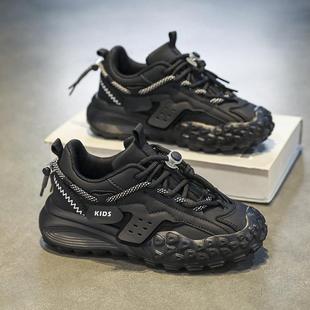 中大童黑色加绒男孩老爹鞋 皮面防水儿童运动鞋 秋冬2025新款 男童鞋